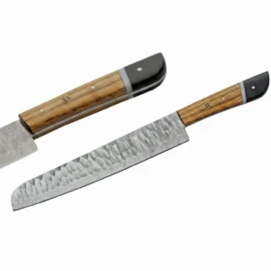 Long Damascus steel bread knife with a straight edge and distinct layered steel patterns.