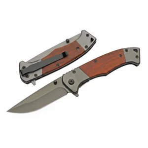 Comparison view of open and closed wood handle folding pocket knife.