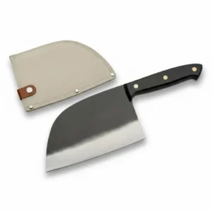The Serbian cleaver knife displayed alongside its matching beige canvas protective cover.