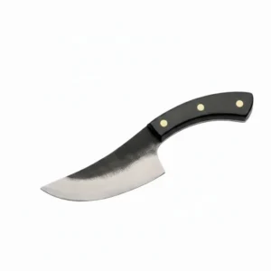 Profile view of the Hanta butcher knife featuring a dark forged finish and a sharp, curved steel blade.