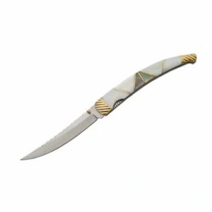 Open folding knife featuring iridescent Abalone and white Mother of Pearl handle segments.