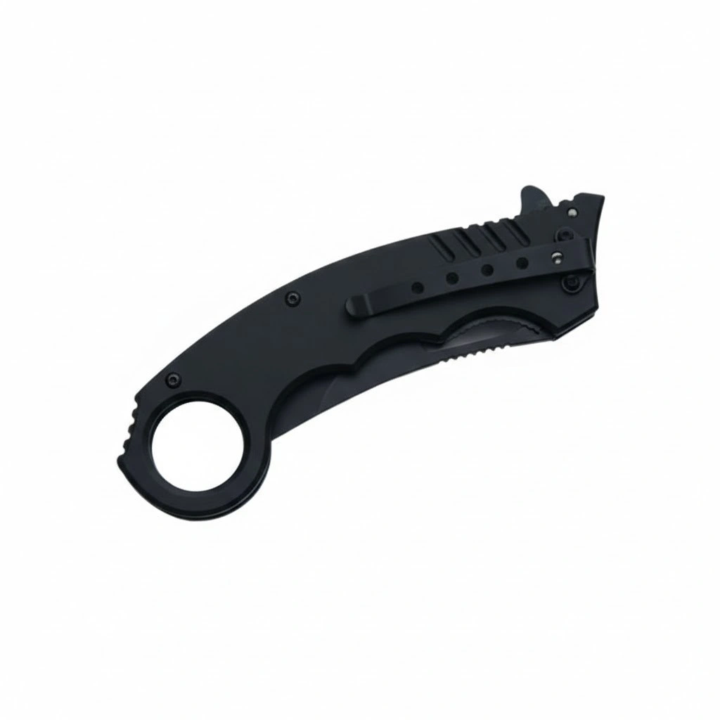 wood-karambit-liner-lock-folded-pocket-clip Black stainless steel folding karambit knife showing pocket clip and finger ring