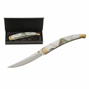 Abalone and Mother of Pearl pocket knife presented in a black satin-lined gift box.