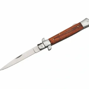 Stainless steel stiletto lockback folding knife with wood handle in open position.
