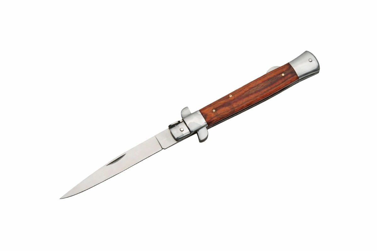 stiletto-lockback-folding-knife-open. Stainless steel stiletto lockback folding knife with wood handle in open position.