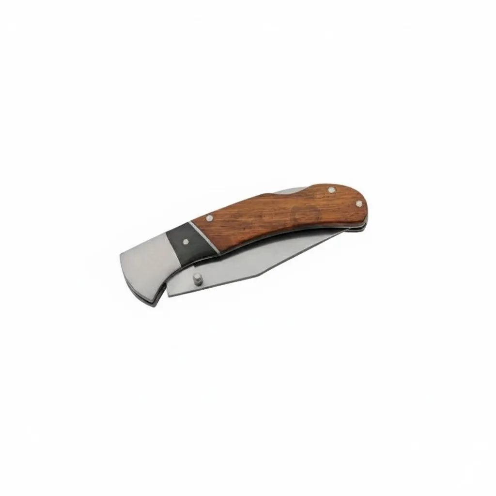 4-inch-wood-handle-lockback-closed. A closed 4-inch lockback pocket knife featuring a brown wood grain handle and a brushed stainless steel bolster.