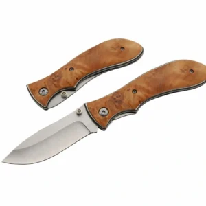 Close up of natural burl wood handle scales on a folding knife.