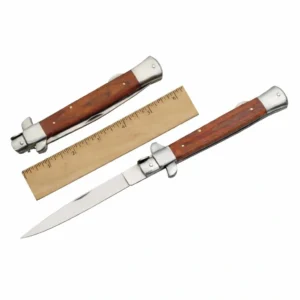 Closed and open stiletto folding knives showing the lockback mechanism and wood scales.