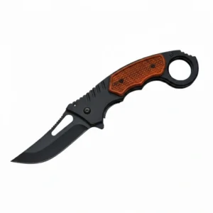 Open folding karambit knife with black blade and checkered wood handle inlay