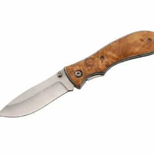 Open burl wood folding knife showing stainless steel drop point blade.
