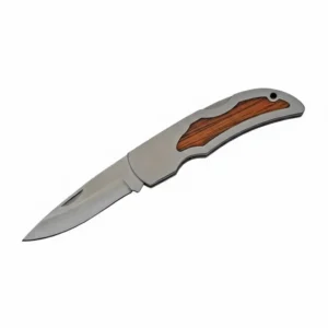 Open drop point stainless steel folding knife showing blade profile