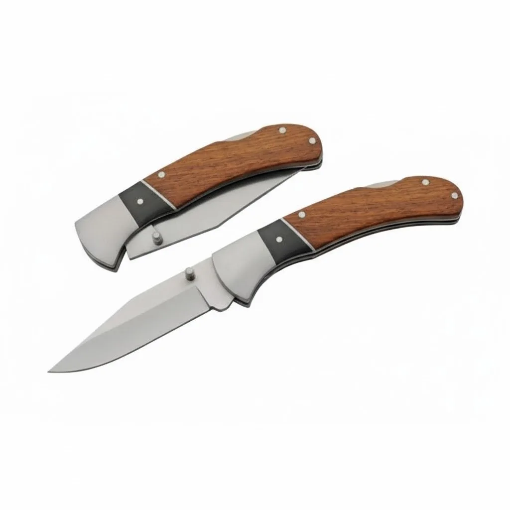 4-inch-wood-handle-lockback-set Two 4-inch wood handle lockback knives, one shown fully open and the other closed to display the folding mechanism.