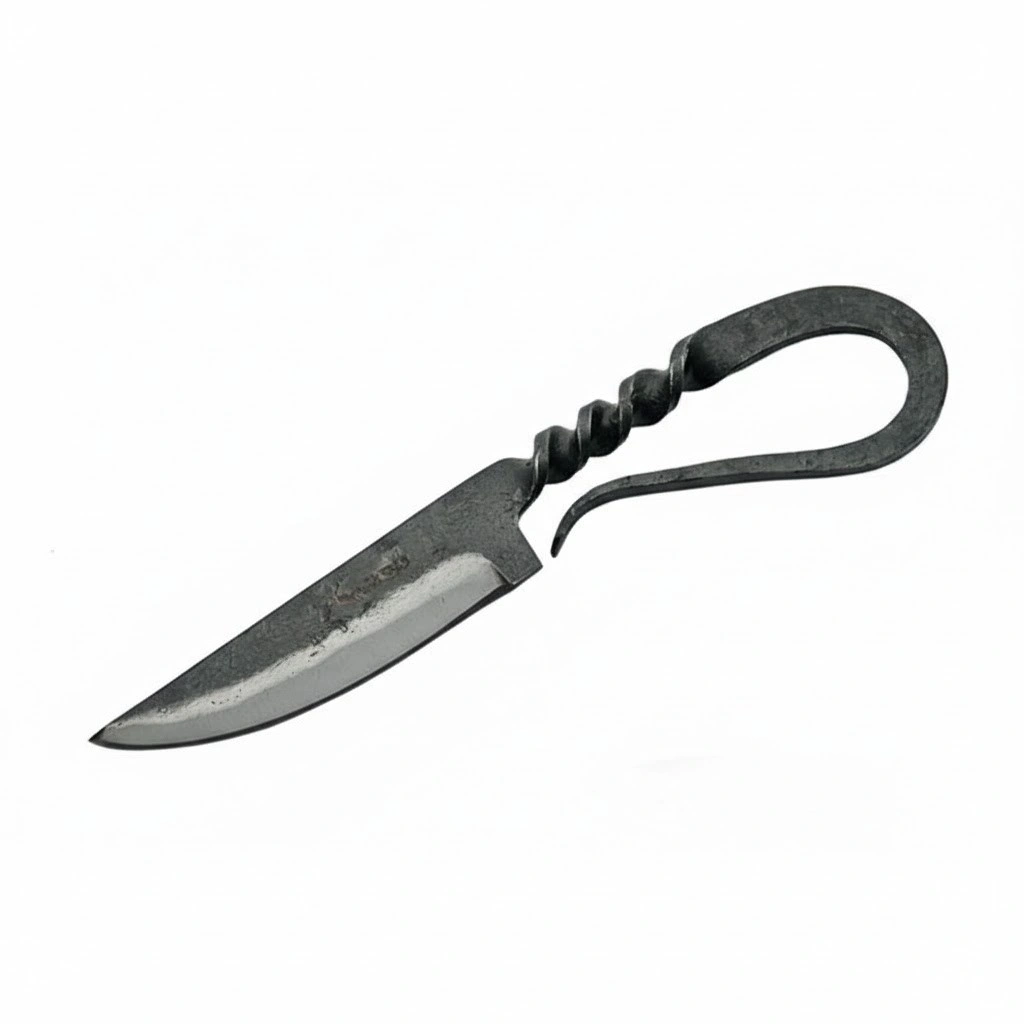 specialty-medieval-fixed-blade-full-view Full profile of a carbon steel medieval twist feasting knife.