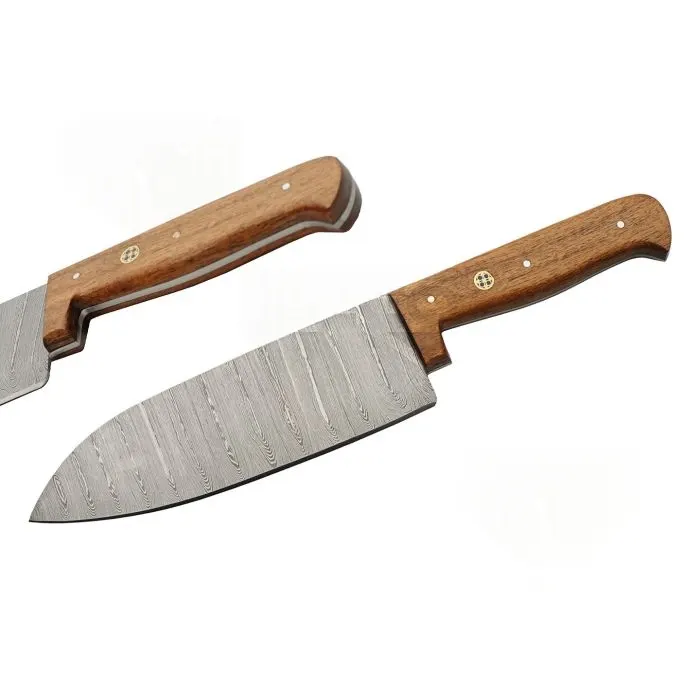 5pc-mosaic-wood-knife-roll-set-damascus-blade Close up of a Damascus steel kitchen knife with a mosaic wood handle from the 5pc artisan set.