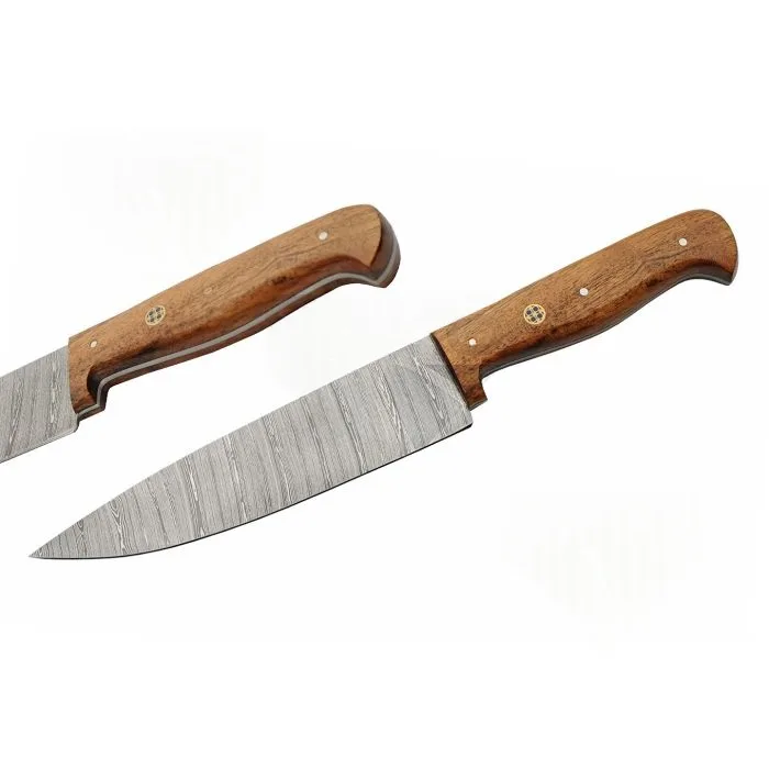 artisan-damascus-steel-kitchen-knife-set-profile Side view of a pointed Damascus steel blade and mosaic wood handle from the 5pc artisan kitchen knife set.