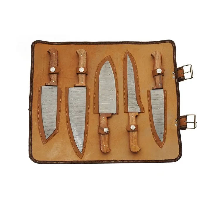 5pc-kitchen-mosaic-wood-knife-roll-set-open Full 5pc artisan Damascus steel kitchen knife set displayed open in a tan leather knife roll.