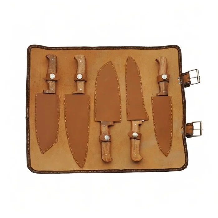 artisan-damascus-steel-kitchen-knife-set-leather-sheaths