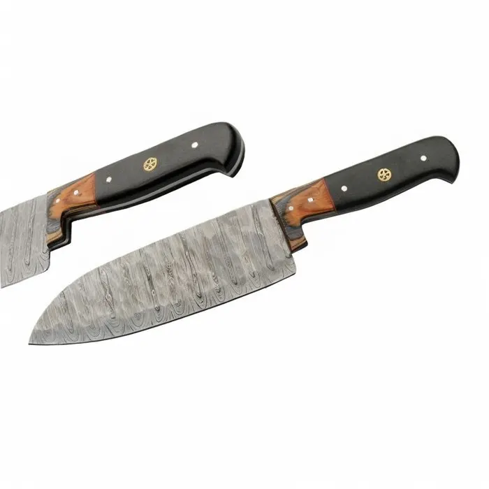 hammered-damascus-knife-set-leather-roll Professional tan leather knife roll with buckles, designed for the 5pc hammered Damascus knife set.