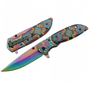 Open and closed Native Beads liner lock knife featuring a rainbow finish blade and colorful tribal ABS handle.