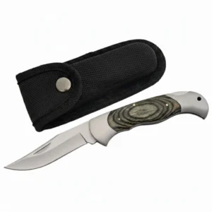 Stainless steel Lockback Folding Pocket Knife with black wood handle.