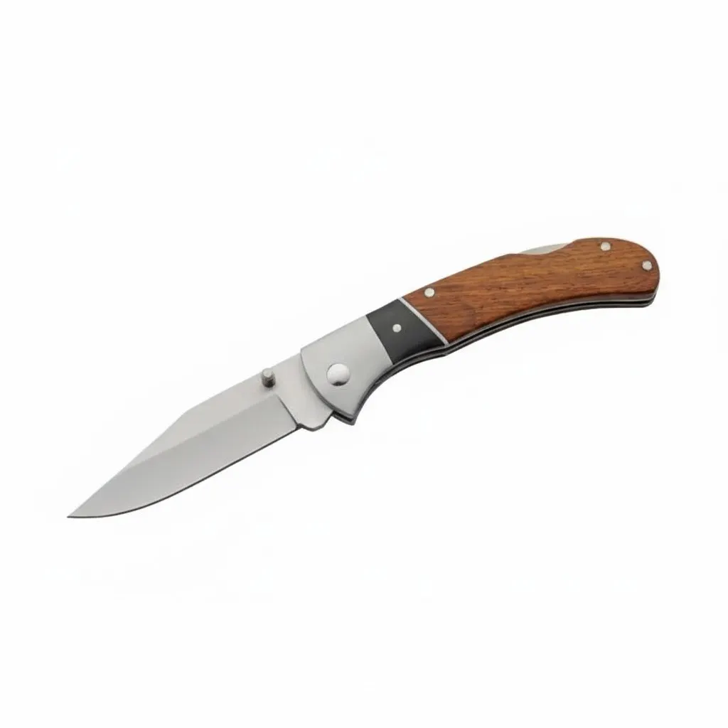 4-inch-wood-handle-lockback-open A 4-inch lockback knife in the open position showing the sharp clip point blade and contoured wooden handle.