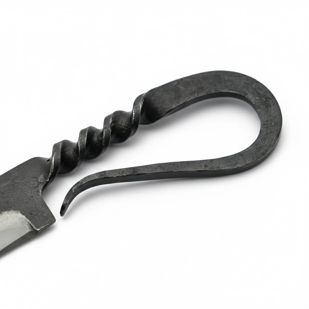 medieval-twist-handle-detail Close up of the blacksmith-twisted metal handle on a specialty knife.