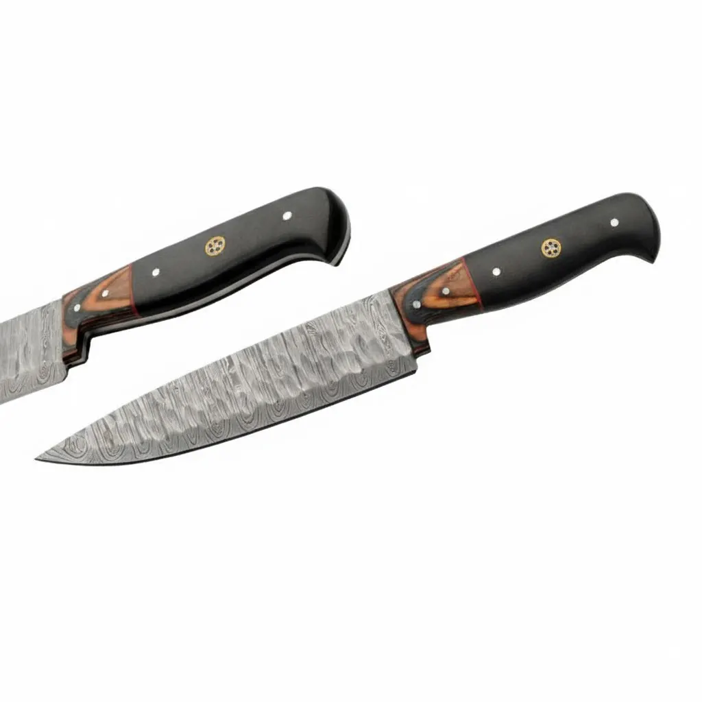 hammered-damascus-knife-set-utility Profile view of a Damascus steel utility knife with a decorative mosaic pin in the dark wood handle.