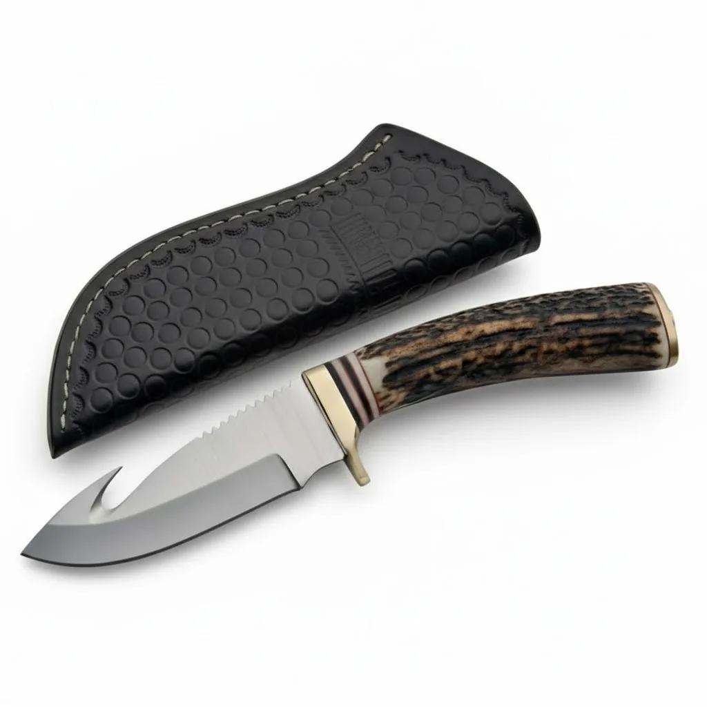 8.5-inch-stag-horn-skinner-with-guthook 8.5 inch stag horn skinner with guthook and leather sheath.