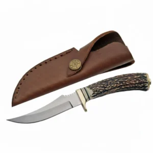Side profile of a genuine stag handle skinner knife with a stainless steel blade.