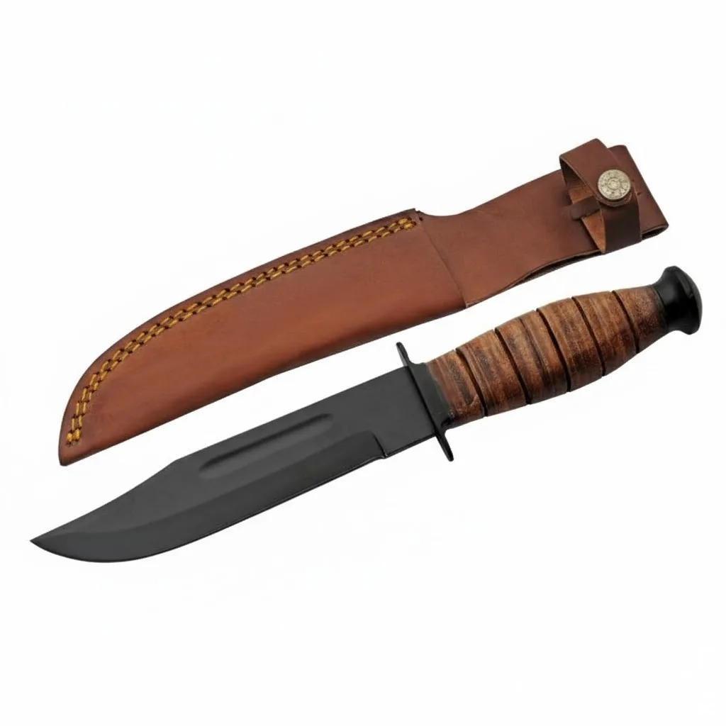 black-stainless-steel-fixed-blade-leather-handle Black Clip Point Hunting Knife with stacked leather handle.