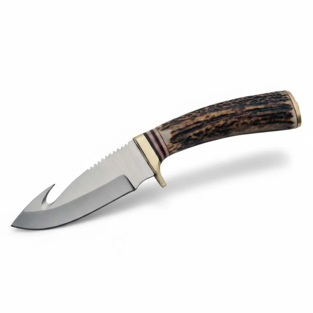 hunting-knife-stag-horn-handle Fixed blade hunting knife with a stag horn handle, brass guard, and a guthook feature on the steel blade.