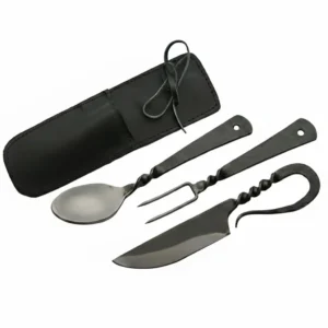 Hand-forged Carbon Steel Medieval Utensil Set displayed next to a black leather carrying sheath.