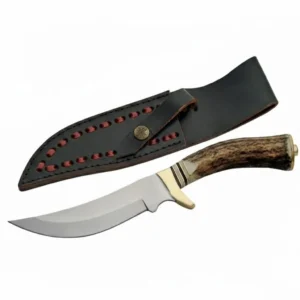 Elk antler fixed blade hunting knife with brass guard and leather sheath.