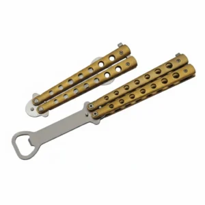 Two gold butterfly style bottle openers shown together, one in the folded position and one fully extended.