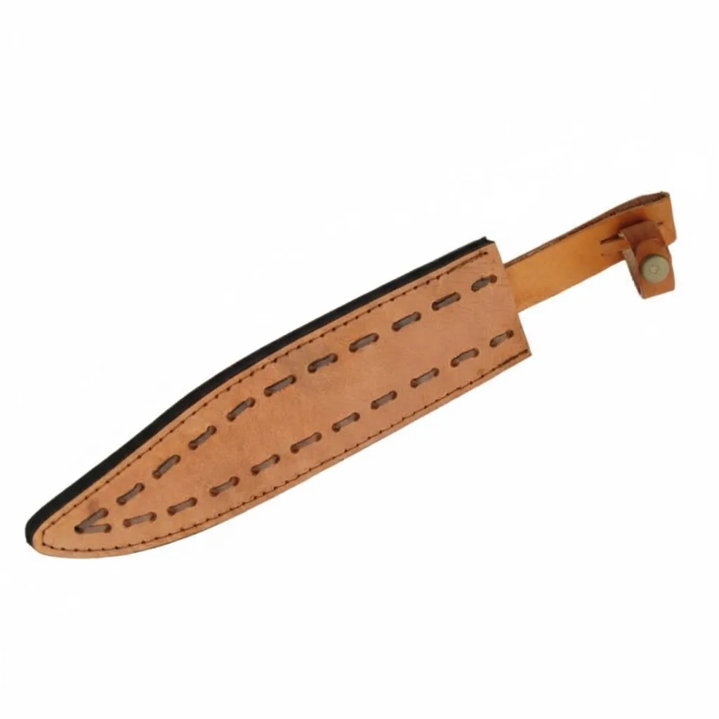 leather-sheath-for-bowie-knife Stitched leather belt sheath for a large fixed blade bowie knife.