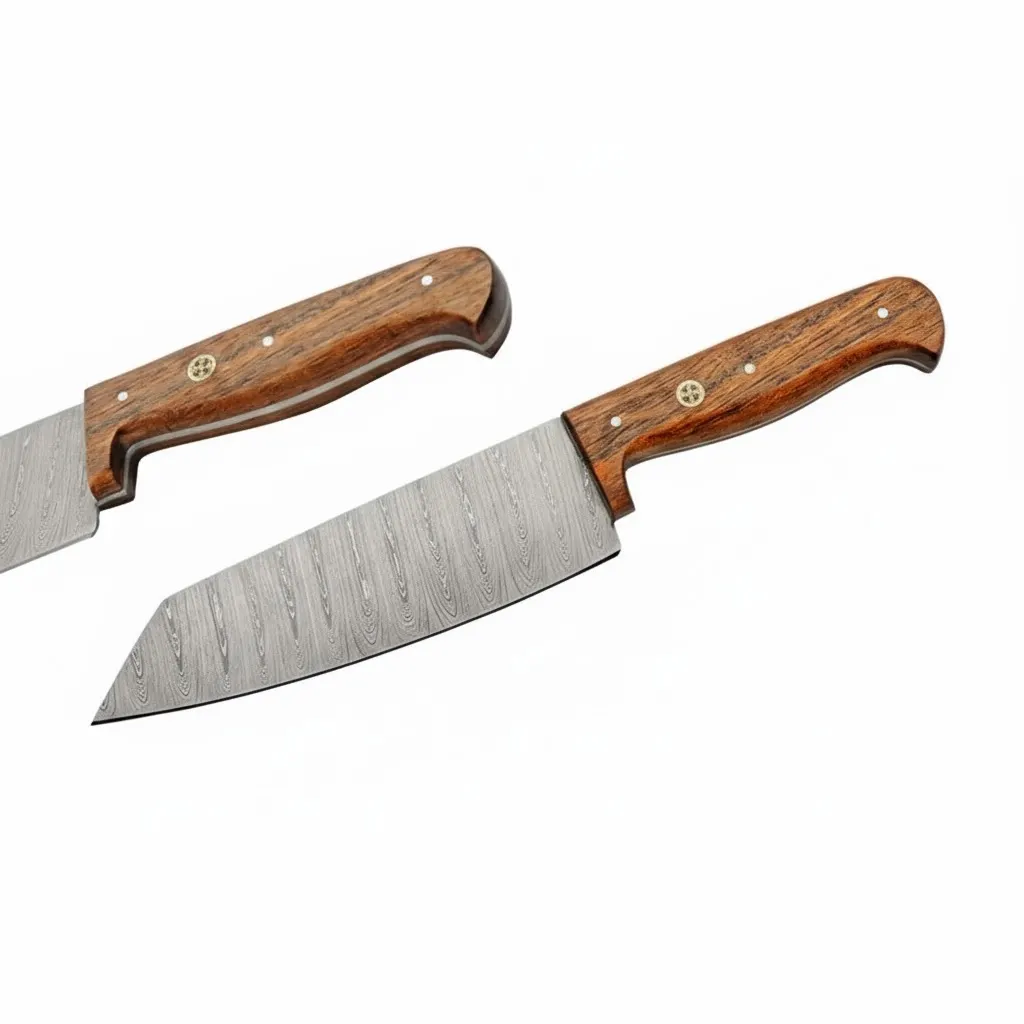 kitchen-mosaic-wood-knife-roll-set-santoku-blade A wide-blade santoku knife from the artisan Damascus steel kitchen knife set with a rich mosaic wood handle.