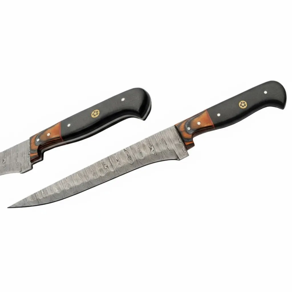 hammered-damascus-knife-set-slicer Long, slender Damascus steel slicing knife with a pointed tip, part of the 5pc hammered Damascus knife set.