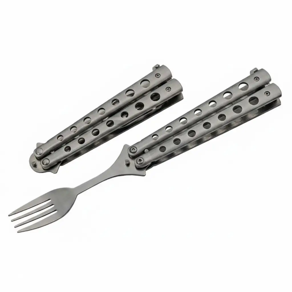 silver-butterfly-fork-open-view Silver butterfly fork with stainless steel tines in open position.
