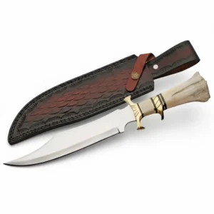 Brass camel bone stainless steel bowie knife with leather sheath.