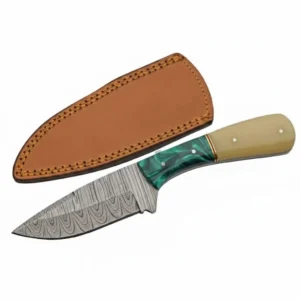 Emerald Bone Damascus Skinner Fixed Blade Knife with Leather Sheath.