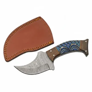 Profile view of a full tang damascus hunting knife with blue wood handle.
