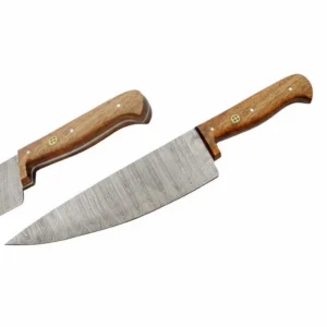 Side profile of a large chef knife in the 5PC kitchen mosaic wood knife roll set showing the wavy steel pattern.