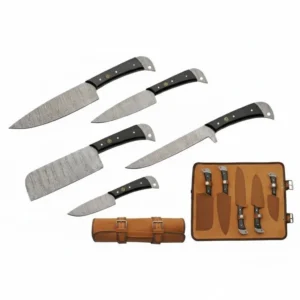 Complete 5pc Damascus steel chef knife set including all blades, leather sheaths, and the rolled chef bag.