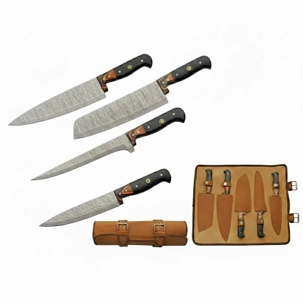 hammered-damascus-knife-set-full-package Complete 5pc hammered Damascus knife set displayed with a tan leather storage roll and individual sheaths.