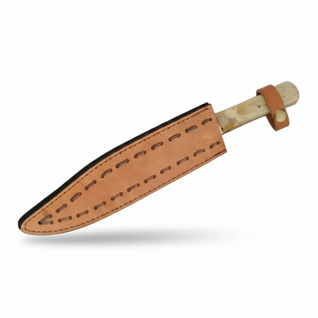 bone-handle-brass-pins-knife-grip Detail of the bone handle and brass pins on a professional hunting knife.