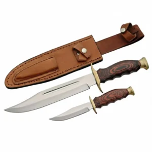 A premium leather sheath hunting knife set featuring two wood-handled blades.