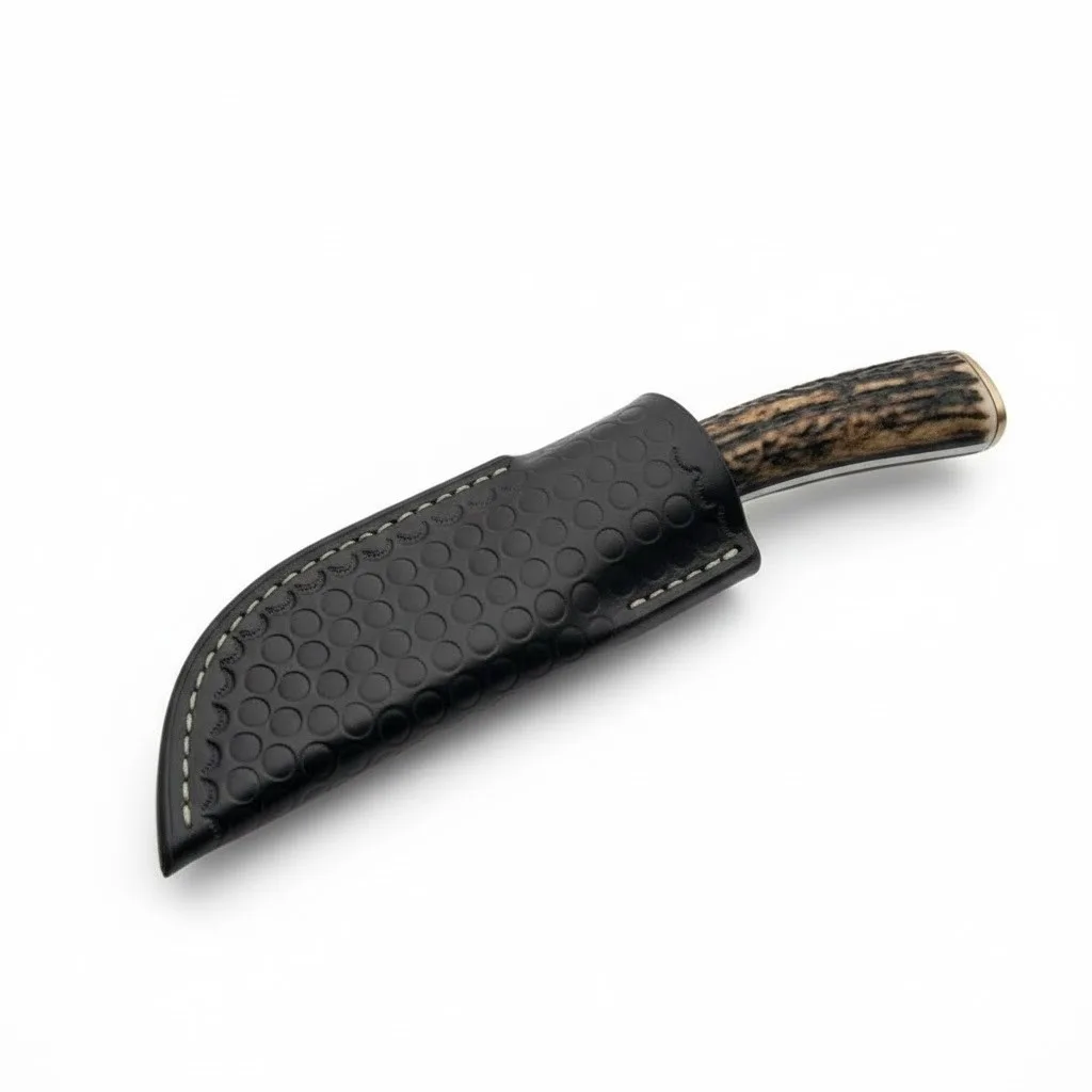 stag-horn-knife-in-leather-sheath Hunting knife with a stag horn handle securely tucked into a black tooled leather sheath, side view.