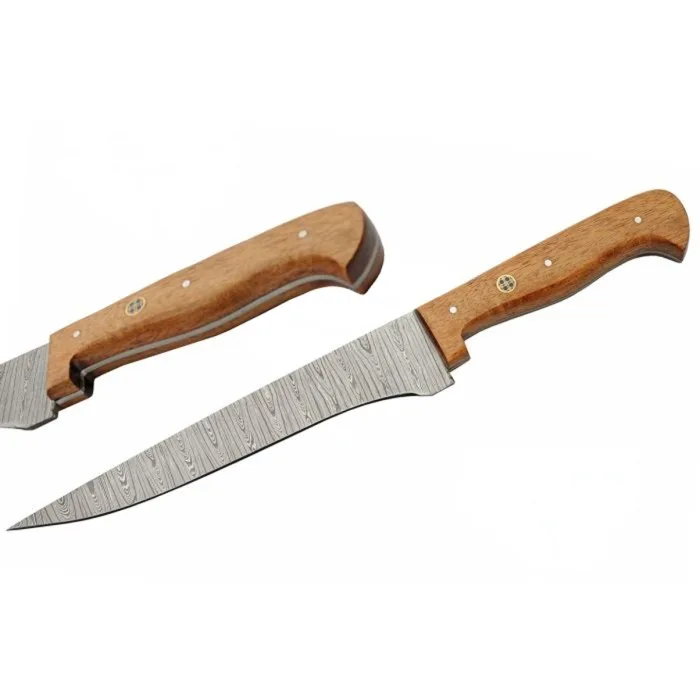 artisan-damascus-steel-slicing-fillet-knife Slender slicing knife from the 5PC kitchen mosaic wood knife roll set with a pointed artisan Damascus steel blade.