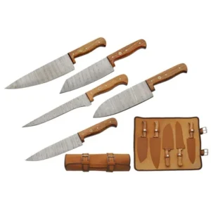 5PC artisan Damascus steel kitchen knife set displayed in a tan leather roll with individual protective sheaths.