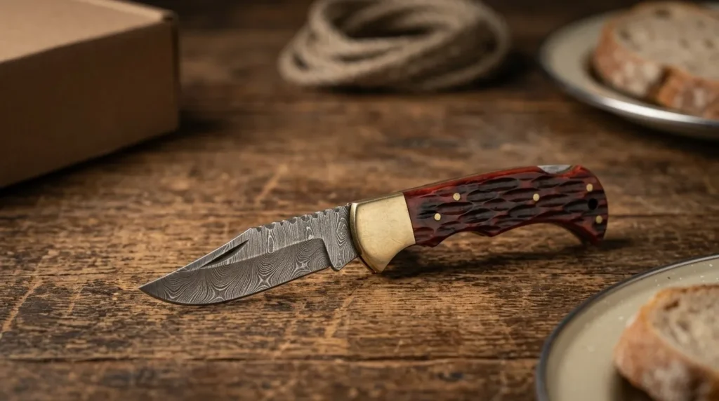 Damascus folding knife on wooden table with everyday carry items like rope and package box in background